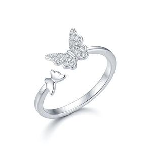 “Aeriella S925 silver double butterfly adjustable ring with 3D motifs and high-polish finish.”