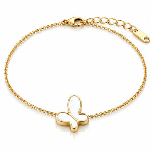 A delicate gold chain bracelet with a butterfly-shaped charm featuring a white inlay, displayed on a clean white background.