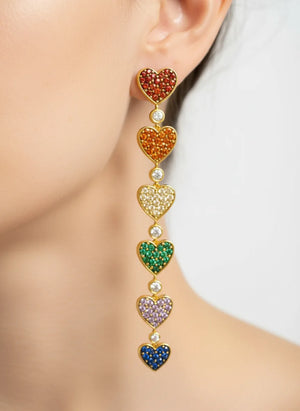 Asymmetric heart earrings in gold-plated copper with multicolor stones and 925 silver posts (AmoreTwist).