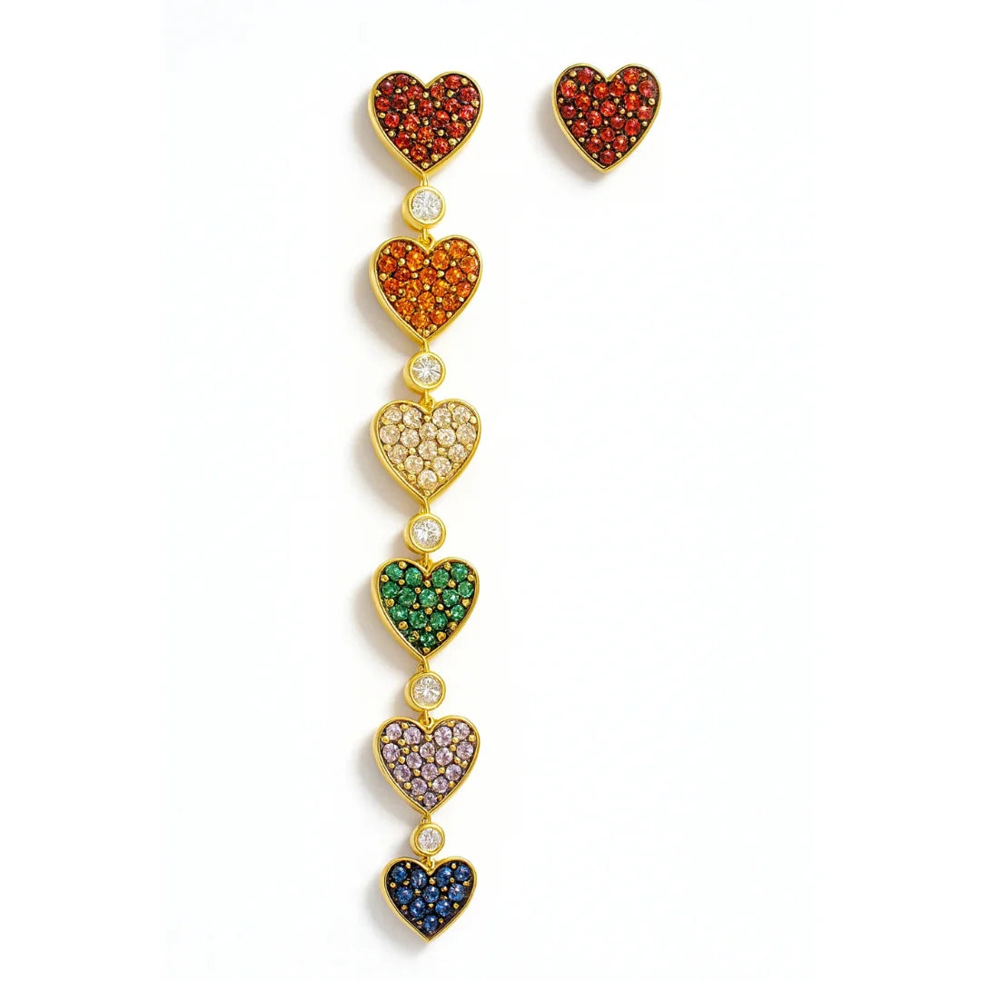 Asymmetric heart earrings in gold-plated copper with multicolor stones and 925 silver posts (AmoreTwist).