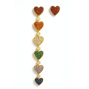 Asymmetric heart earrings in gold-plated copper with multicolor stones and 925 silver posts (AmoreTwist).