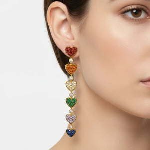 Asymmetric heart earrings in gold-plated copper with multicolor stones and 925 silver posts (AmoreTwist).