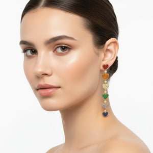 Asymmetric heart earrings in gold-plated copper with multicolor stones and 925 silver posts (AmoreTwist).