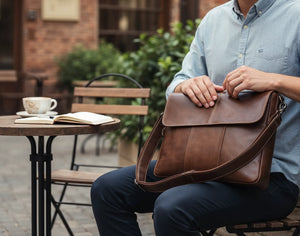 Archer unisex oil-wax leather crossbody messenger in coffee brown, worn across the body on a city street