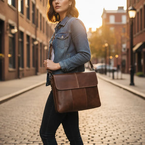 Archer unisex oil-wax leather crossbody messenger in coffee brown, worn across the body on a city street