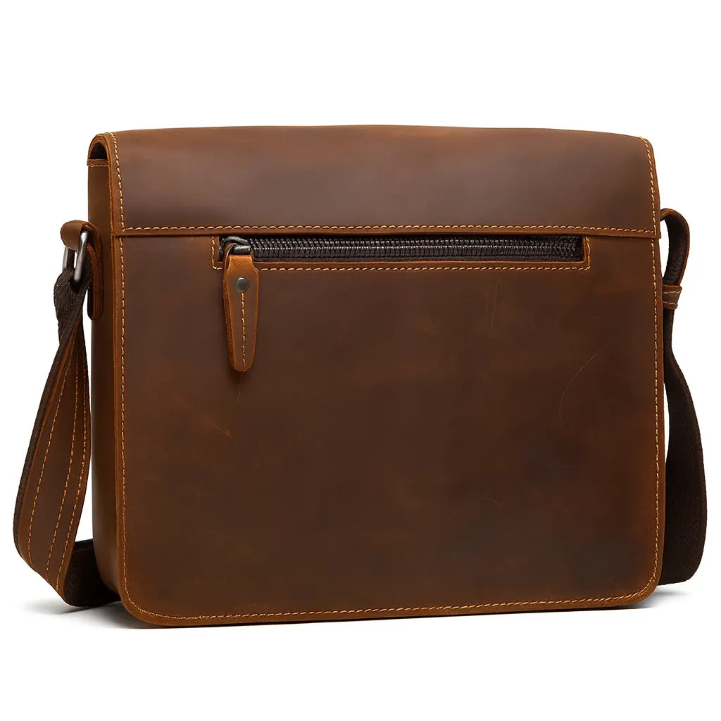 Men’s brown leather business messenger bag (first-layer cowhide) with adjustable shoulder strap, sized for a 12-inch laptop.