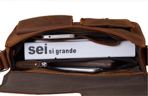 Men’s brown leather business messenger bag (first-layer cowhide) with adjustable shoulder strap, sized for a 12-inch laptop.