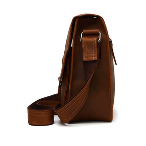 Men’s brown leather business messenger bag (first-layer cowhide) with adjustable shoulder strap, sized for a 12-inch laptop.