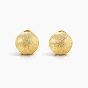 Pair of round 24K gold vermeil brushed stud earrings on white background