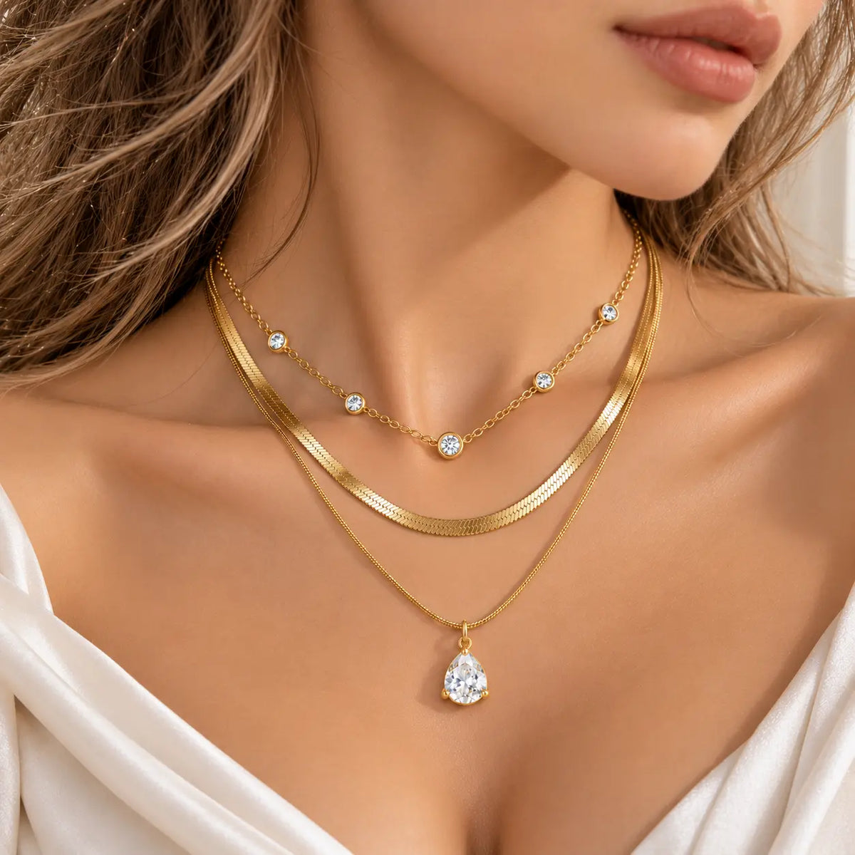 Aurelle Layered Teardrop Zircon Necklace - 18K Gold Plated
