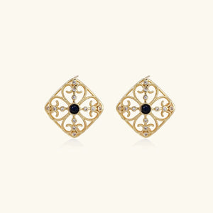 18K gold stud earrings with lapis stone and vintage filigree design
