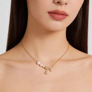 Aurielle Pearl Bow Necklace – 14K Gold Freshwater Pearl Pendant Jewellar