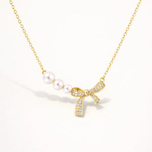 Aurielle Pearl Bow Necklace – 14K Gold Freshwater Pearl Pendant Jewellar