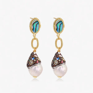 Baroque pearl drop earrings with gold links, colorful gemstones, and abalone shell posts