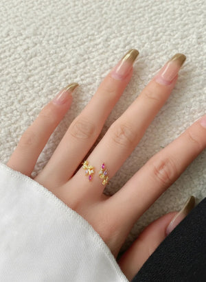 Gold-plated S925 adjustable ring with geometric hexagon & octagon color zircon inlay (Aurora Prism).”