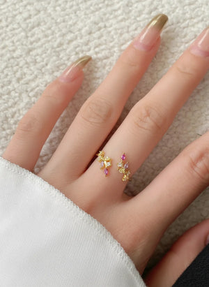 Gold-plated S925 adjustable ring with geometric hexagon & octagon color zircon inlay (Aurora Prism).”