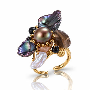 Baroque Pearl Cluster Adjustable Ring - 18K Gold Plated