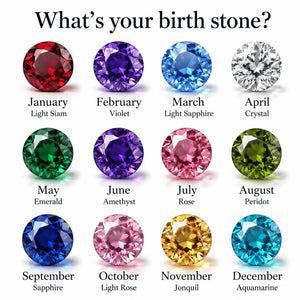 A color reference chart titled 'What's your birth stone?' showing twelve gemstone cuts labeled by month: red, purple, light blue, clear, green, purple, pink, green, blue, pink, yellow, and turquoise. Each gemstone is shown with its corresponding birth month and gemstone name below.