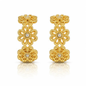 A pair of gold filigree earrings with floral motifs and small clear gemstones, displayed on a clean white background with a soft reflection below.