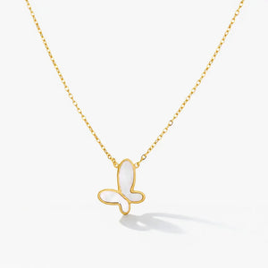 18K gold butterfly necklace with mother of pearl pendant on a simple gold chain