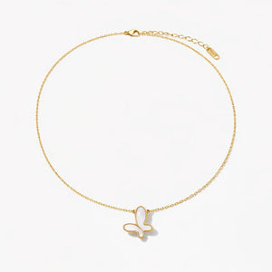 18K gold necklace with butterfly-shaped mother of pearl pendant on white background