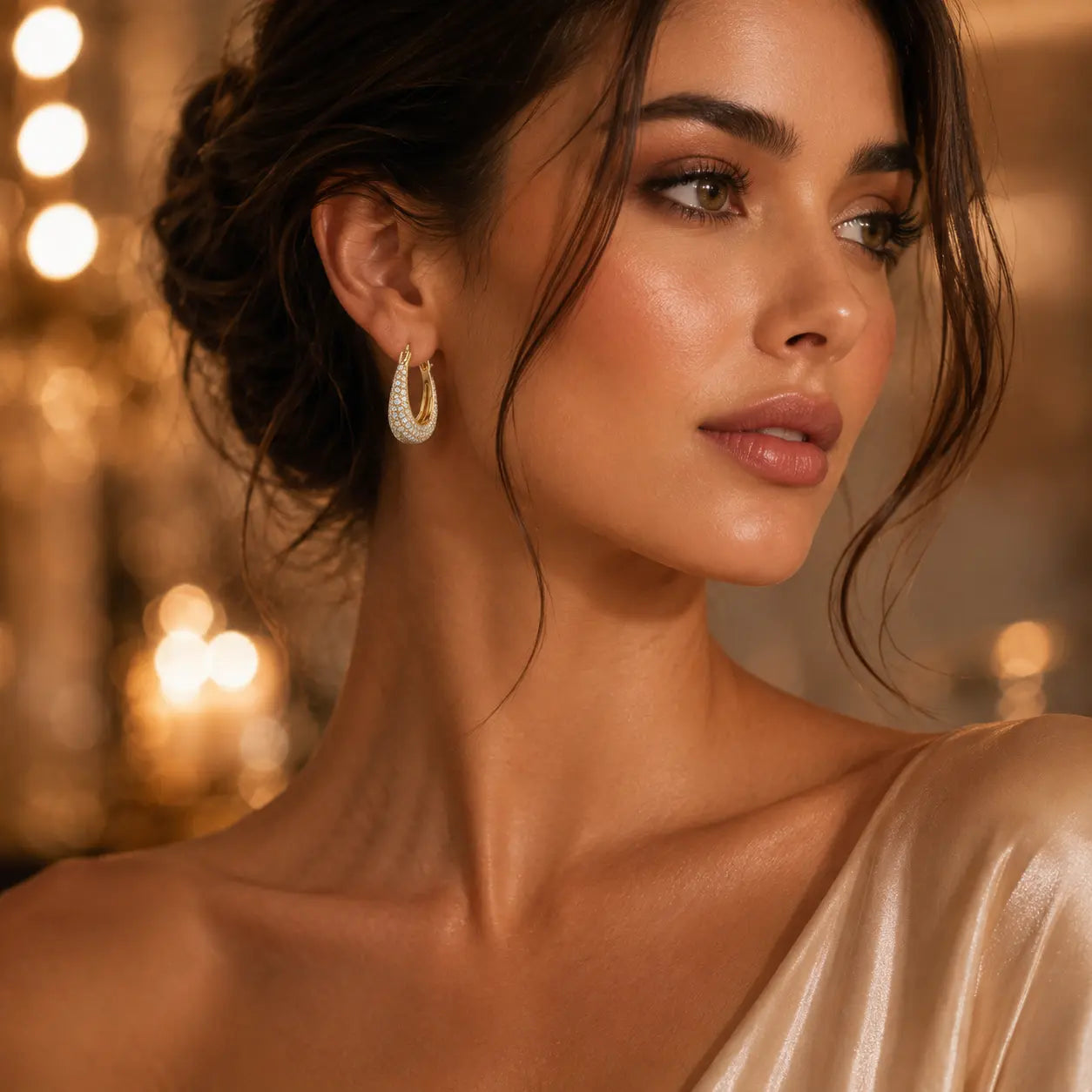 Close-up of a woman with elegant makeup and jewelry against a warm, blurred background.