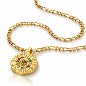 Gold necklace with a zodiac pendant on a white background