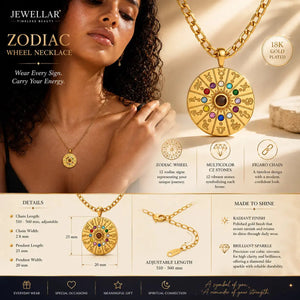 Jewellar Zodiac Wheel Necklace with woman wearing it, product details, and brand name.