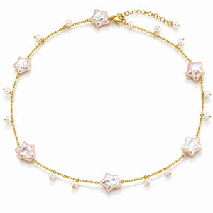 A delicate gold chain necklace featuring five rose gold star-shaped settings with clear rhinestones, accented by small white faux pearls spaced along the chain, shown on a white background.