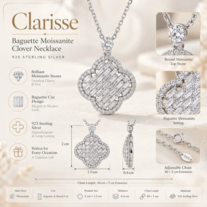 Clarisse Baguette Moissanite Clover Necklace - 925 Sterling Silver