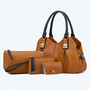 Classic 4-Piece Leather Handbag Set in brown – includes tote, shoulder bag, clutch, and wallet – by Jewellar