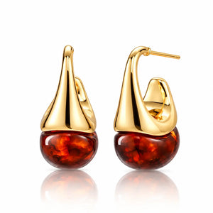 Cognac Resin Drop Earrings - 18K Gold Plated