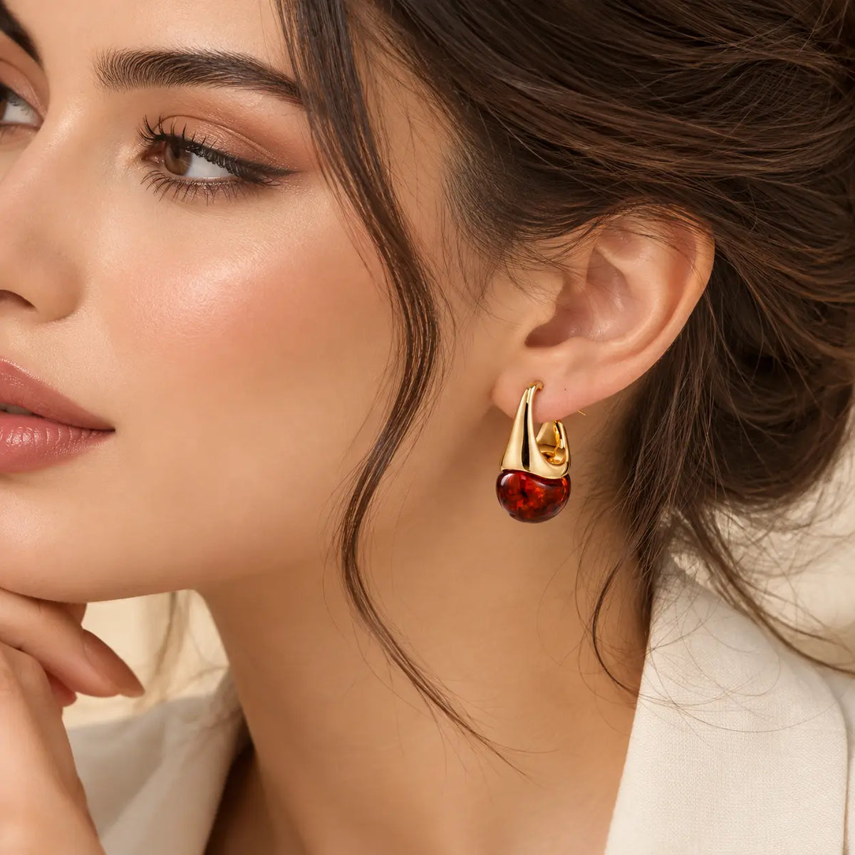 Cognac Resin Drop Earrings - 18K Gold Plated