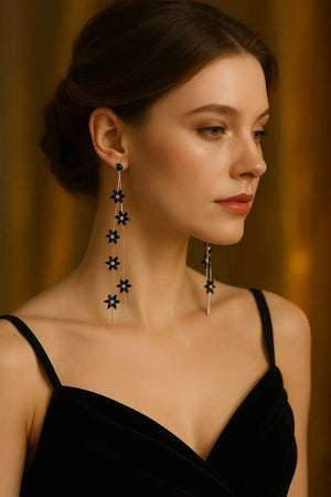 Crystal Bloom – Long 925 silver tassel earrings with sparkling crystal flowers