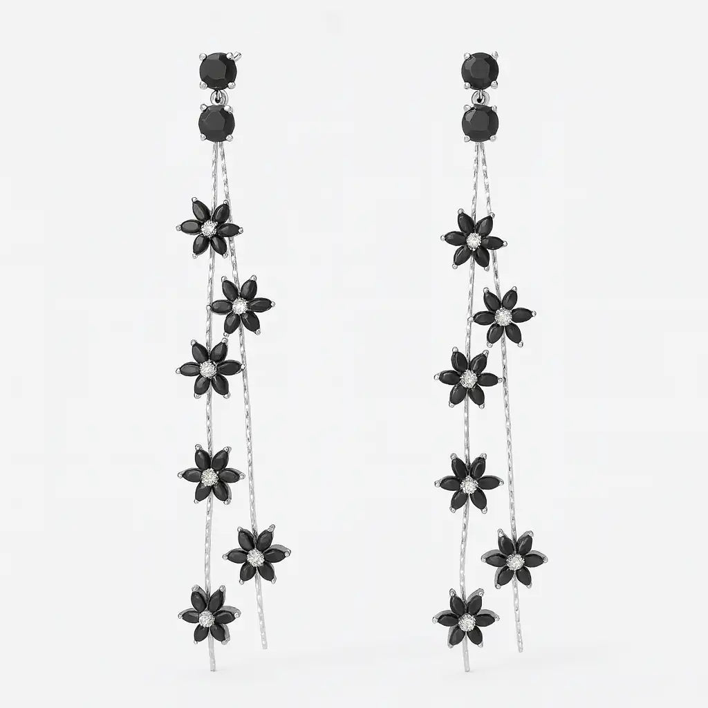 Crystal Bloom – Long 925 silver tassel earrings with sparkling crystal flowers