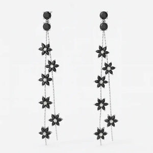 Crystal Bloom – Long 925 silver tassel earrings with sparkling crystal flowers