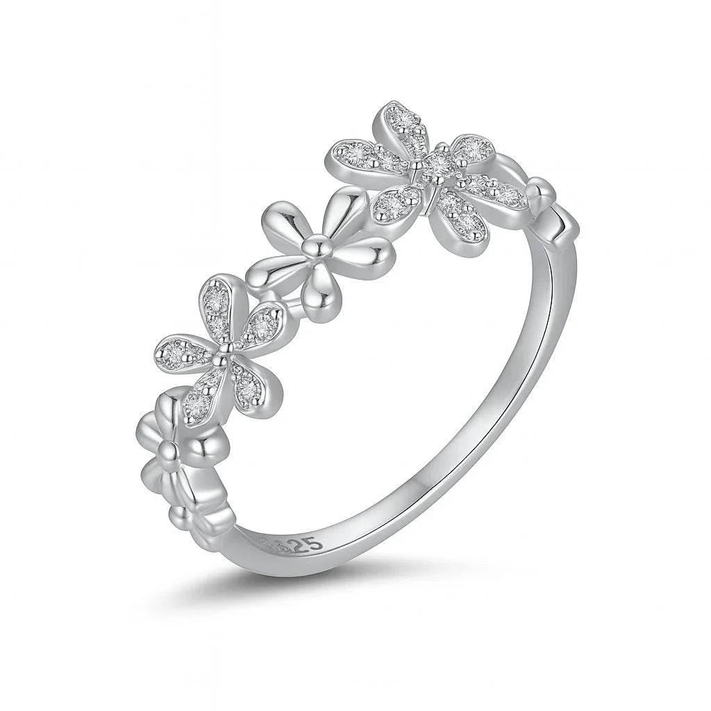 Daisy Bloom – 925 Sterling Silver Floral Diamond Ring - Jewellar