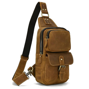 Dante – Men’s retro Crazy Horse leather crossbody chest bag in brown and dark brown.