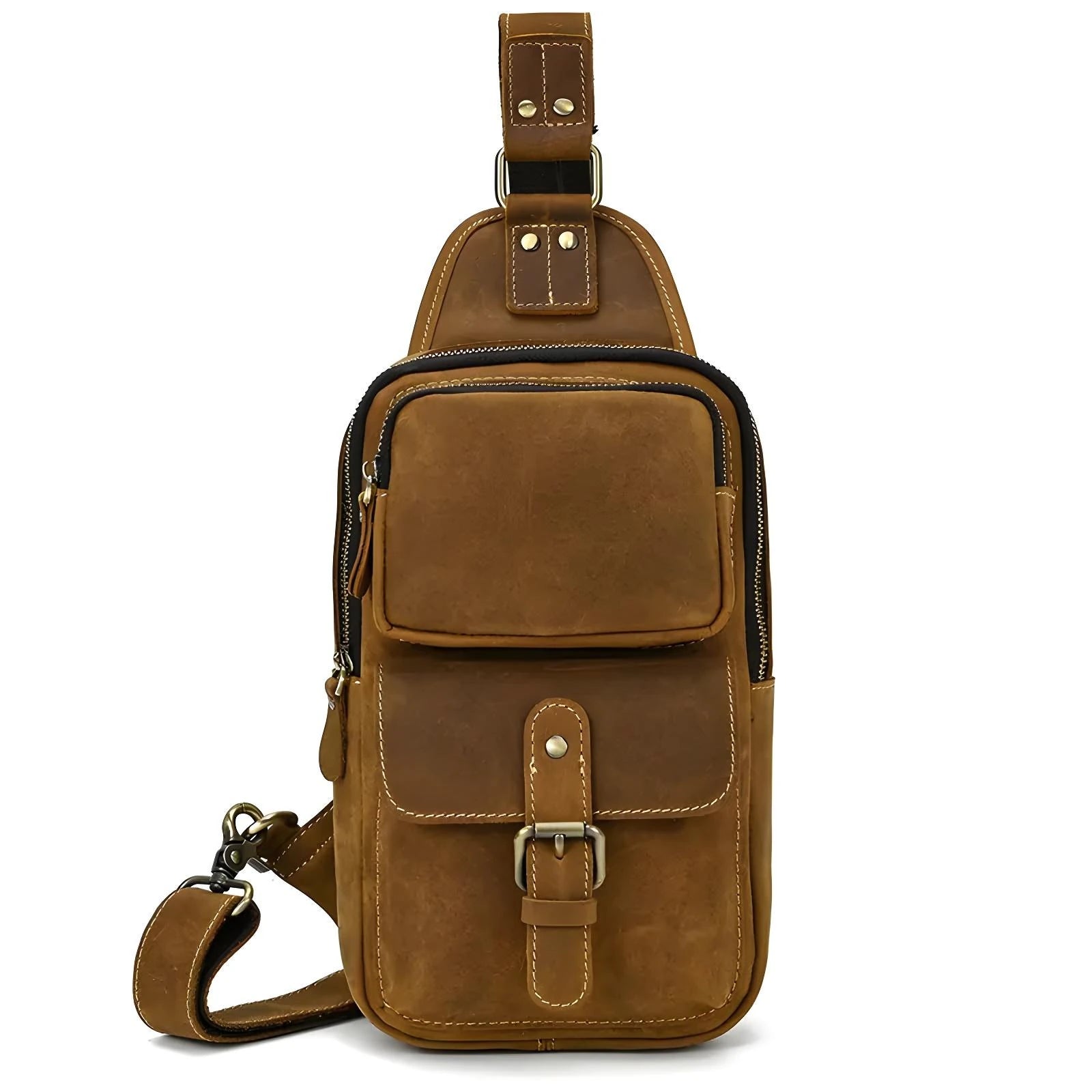 Dante – Men’s retro Crazy Horse leather crossbody chest bag in brown and dark brown.