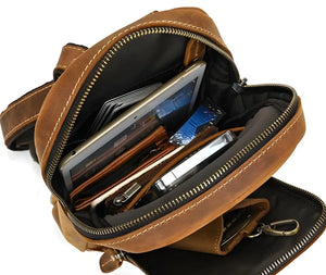 Dante – Men’s retro Crazy Horse leather crossbody chest bag in brown and dark brown.