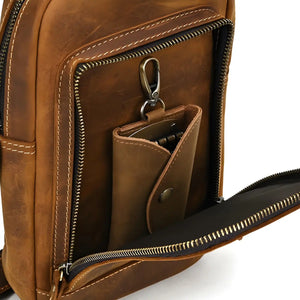 Dante – Men’s retro Crazy Horse leather crossbody chest bag in brown and dark brown.