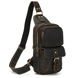Dante – Men’s retro Crazy Horse leather crossbody chest bag in brown and dark brown.
