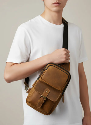 Dante – Men’s retro Crazy Horse leather crossbody chest bag in brown and dark brown.