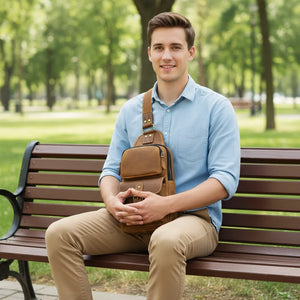 Dante – Men’s retro Crazy Horse leather crossbody chest bag in brown and dark brown.