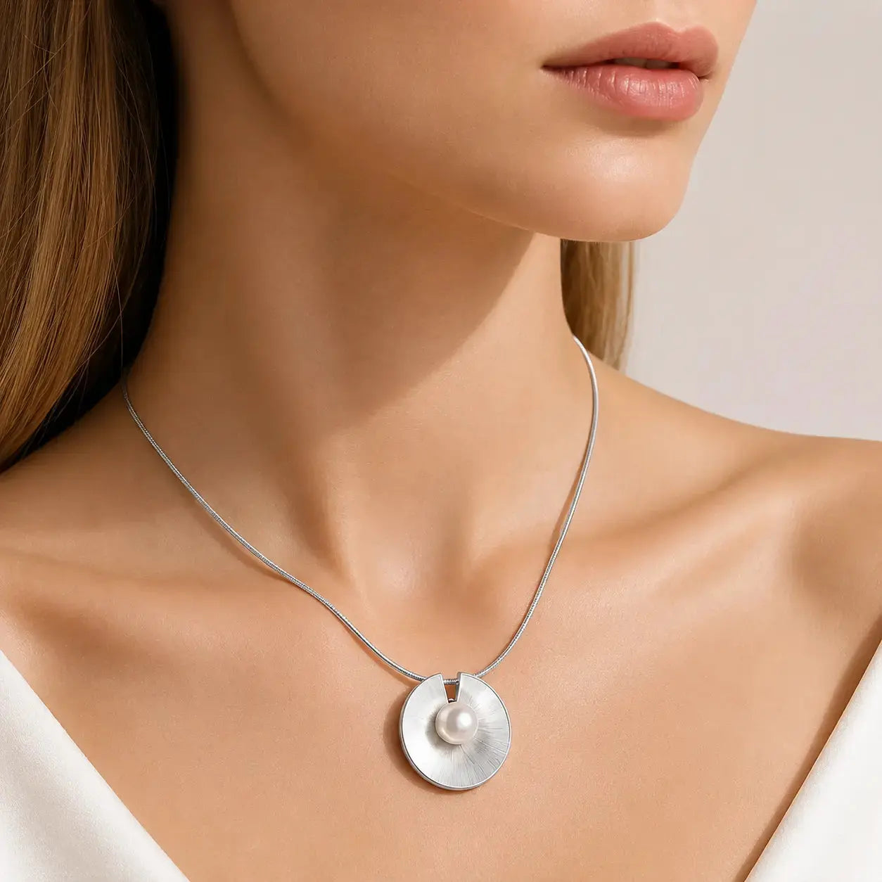 A close-up of a model wearing a silver pendant necklace with a textured circular disc and a small white pearl at the center, set against a soft beige background.
