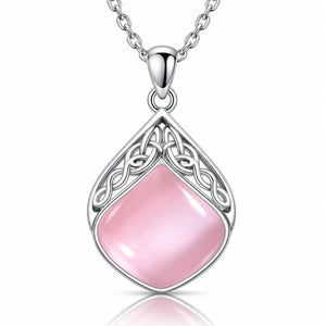 Eirwen Adjustable Pink Stone Celtic Teardrop Necklace - Platinum-Plated 925 Sterling Silver