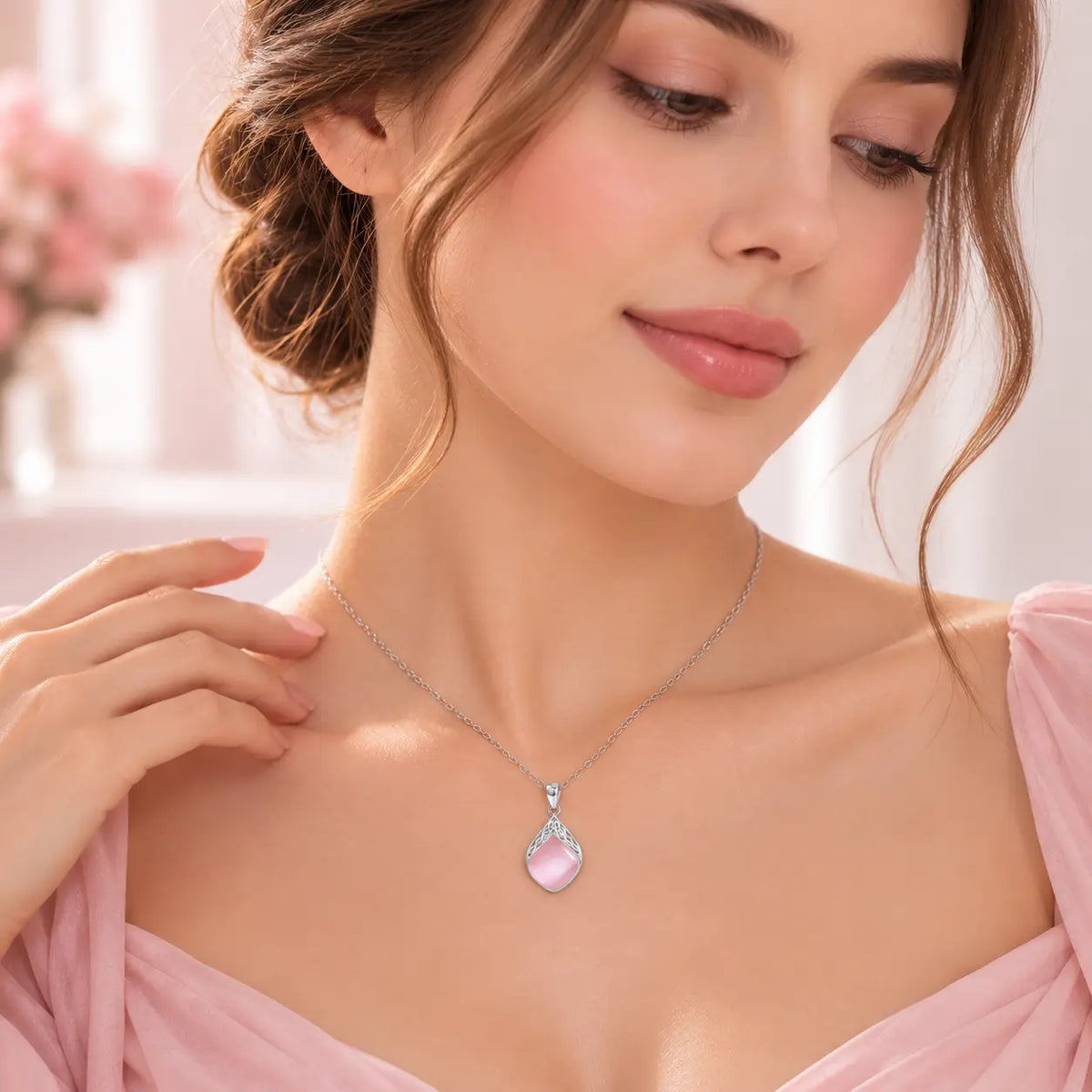Eirwen Adjustable Pink Stone Celtic Teardrop Necklace - Platinum-Plated 925 Sterling Silver