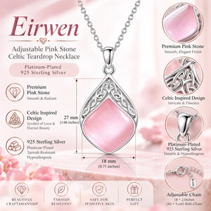 Eirwen Adjustable Pink Stone Celtic Teardrop Necklace - Platinum-Plated 925 Sterling Silver