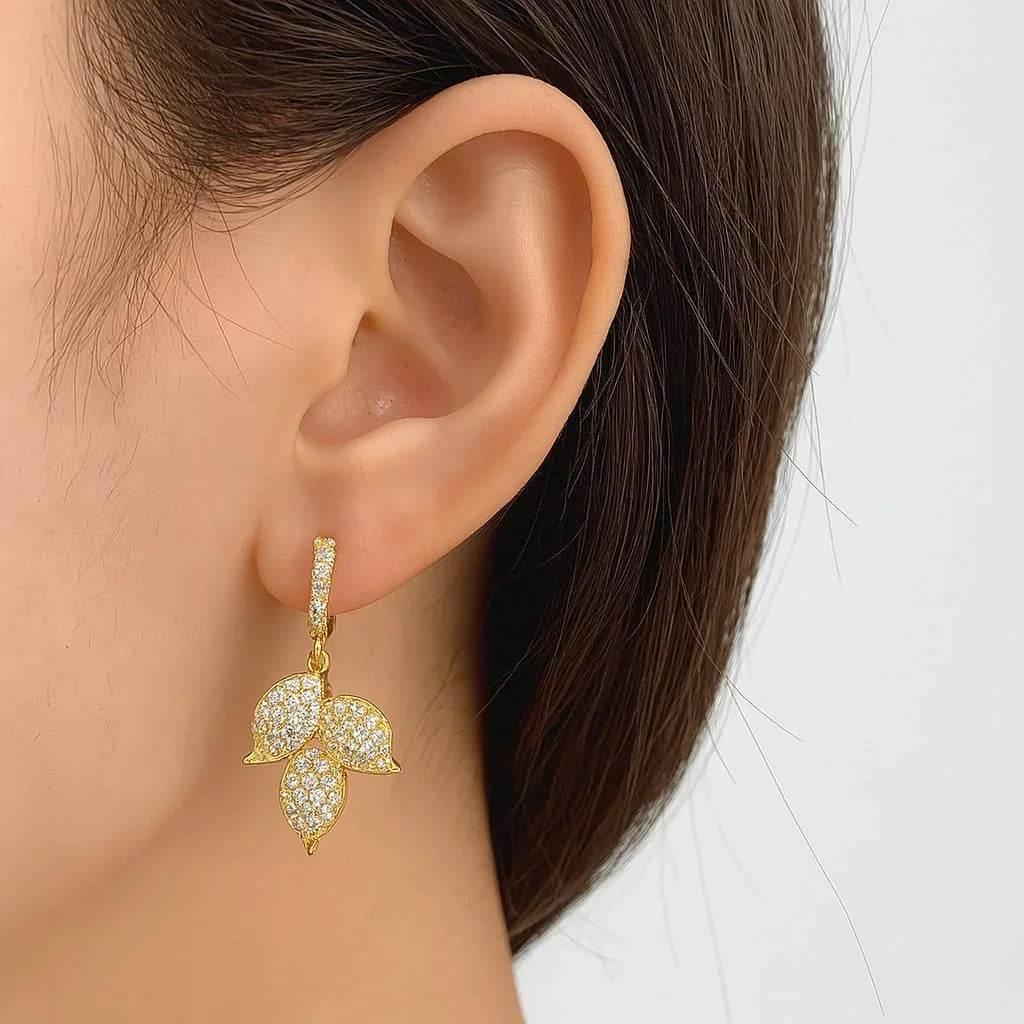 Elara Leaves – Gold Leaf Zircon Earrings - Jewellar