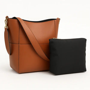 Elara womens genuine leather bucket tote in Black, Earth Yellow, Olive Green, and White with magnetic buckle and inner pocket (330×330×120 mm).